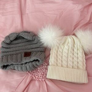 CHANEL Kids Knit Beanie Set - Gray & Cream with Pom Poms